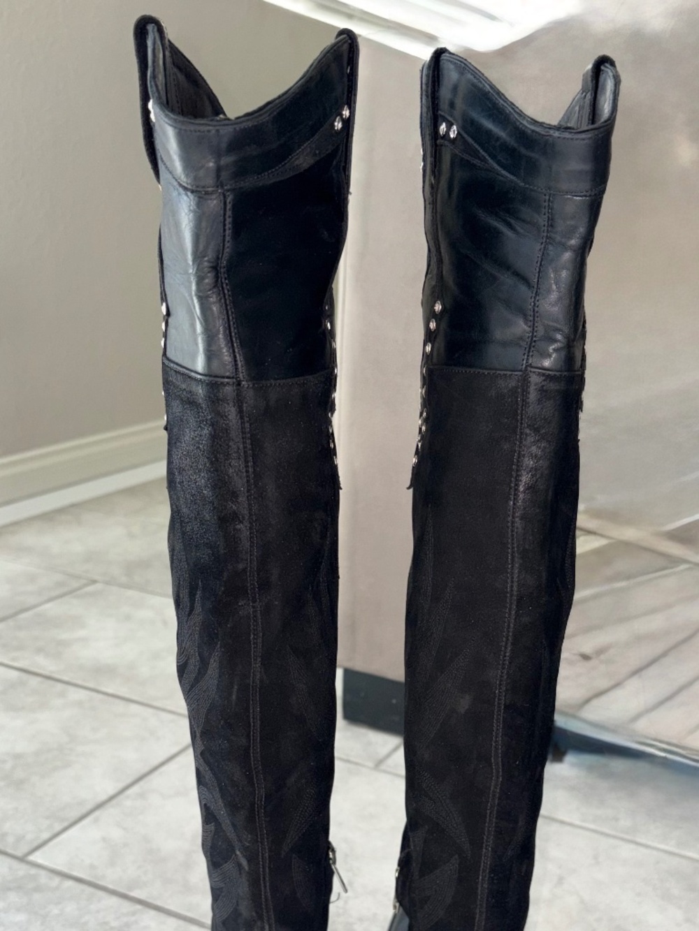 VINTAGE RARE!! OLD GRINGO Black Leather Suede Over Knee Crystal Western Boot 8 - Picture 12 of 15